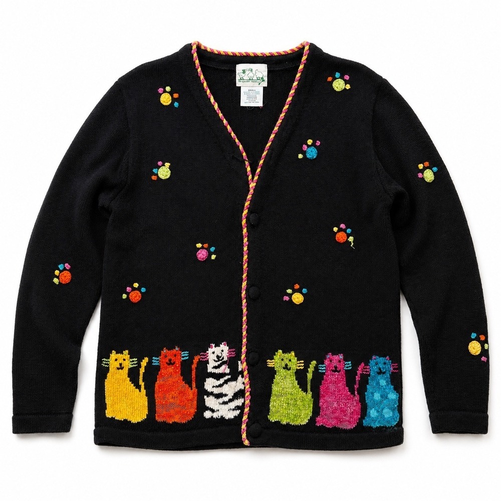 The Quacker Factory Cat Cardigan Womens S Black Cotton Knit Eclectic Kitten Cozy